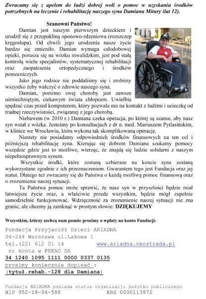 Damian Mitura - przepuklina oponowo-rdzeniowa (rozszczep kręgosłupa) --- http://pomagamy.dbv.pl/ #DamianMitura #RozszczepKręgosłupa #pomagamydbvpl #StronaInformacyjna #ApelOPomoc #LudzkaTragedia #PomocPotrzebującym #PomocDziecku #pomoc #turnusy